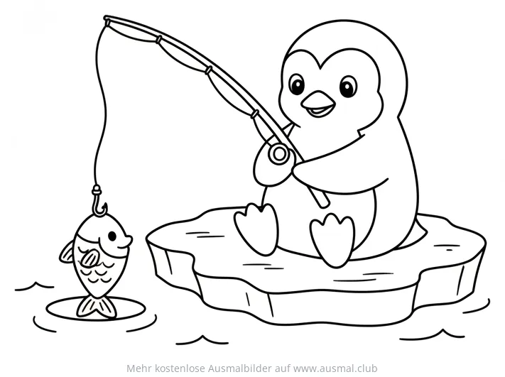 Pinguin sitzt auf Eisscholle und angelt Fisch Ausmalbild