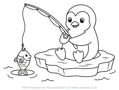 Pinguin sitzt auf Eisscholle und angelt Fisch Ausmalbild