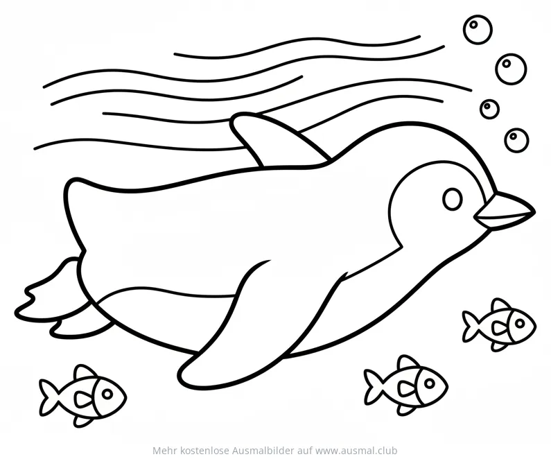 Schwimmender Pinguin unter Wasser mit Fischen Ausmalbild