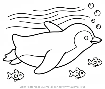 Schwimmender Pinguin unter Wasser mit Fischen Ausmalbild