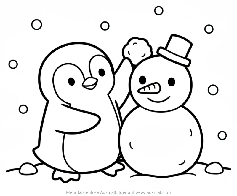 Pinguin wirft Schneeball auf Schneemann Ausmalbild