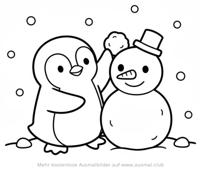 Pinguin wirft Schneeball auf Schneemann Ausmalbild