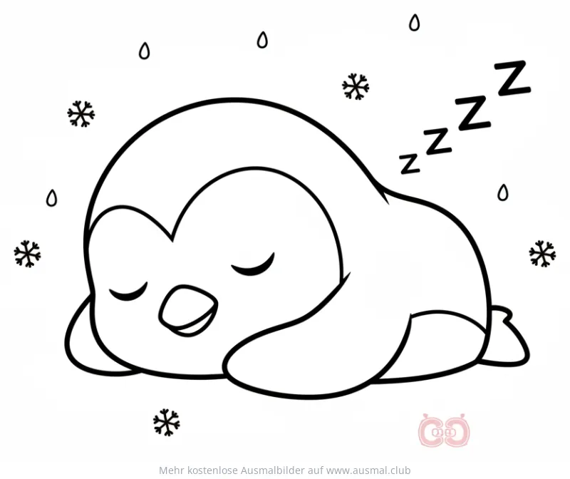 Schlafender Pinguin Ausmalbild mit Schneeflocken