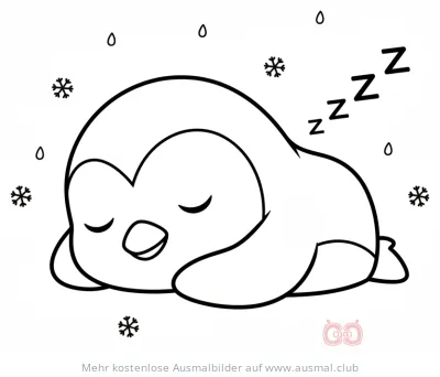Schlafender Pinguin Ausmalbild mit Schneeflocken
