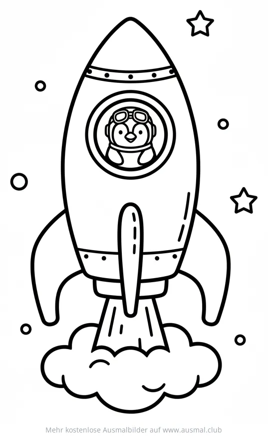 Pinguin fliegt in Rakete durch den Weltraum Ausmalbild