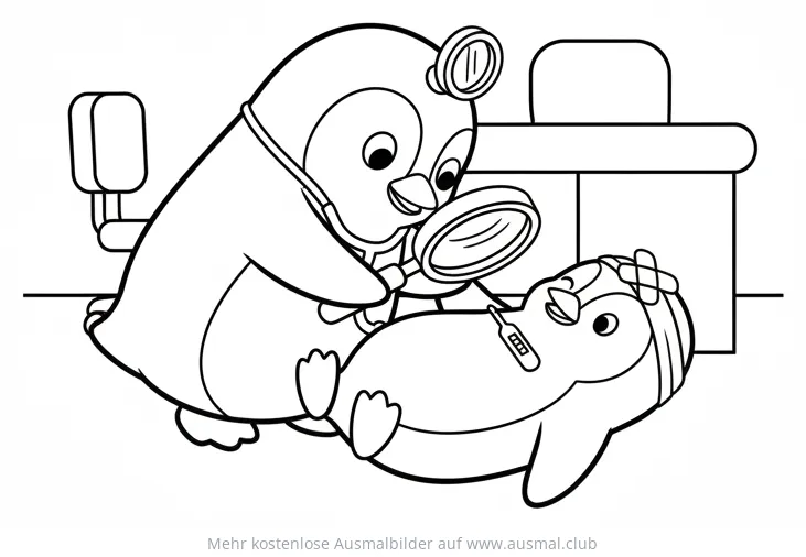 Pinguin als Doktor untersucht Patienten Ausmalbild