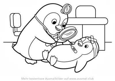 Pinguin als Doktor untersucht Patienten Ausmalbild