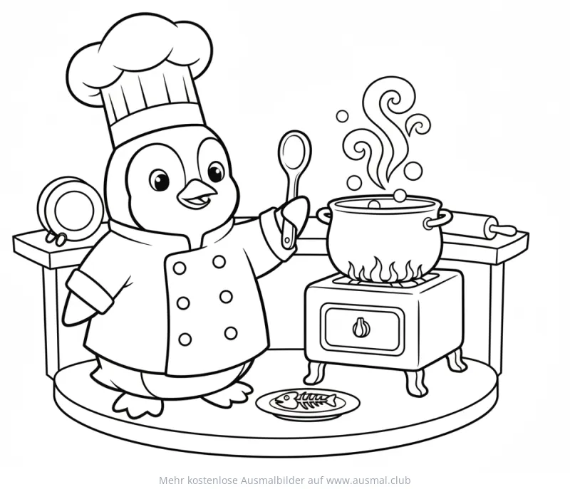 Pinguin als Koch vor Herd mit Topf Ausmalbild