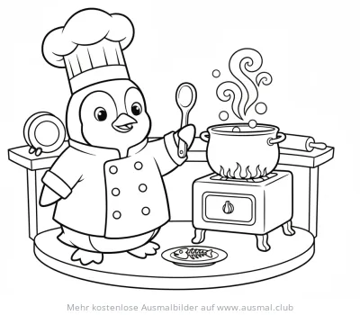 Pinguin als Koch vor Herd mit Topf Ausmalbild