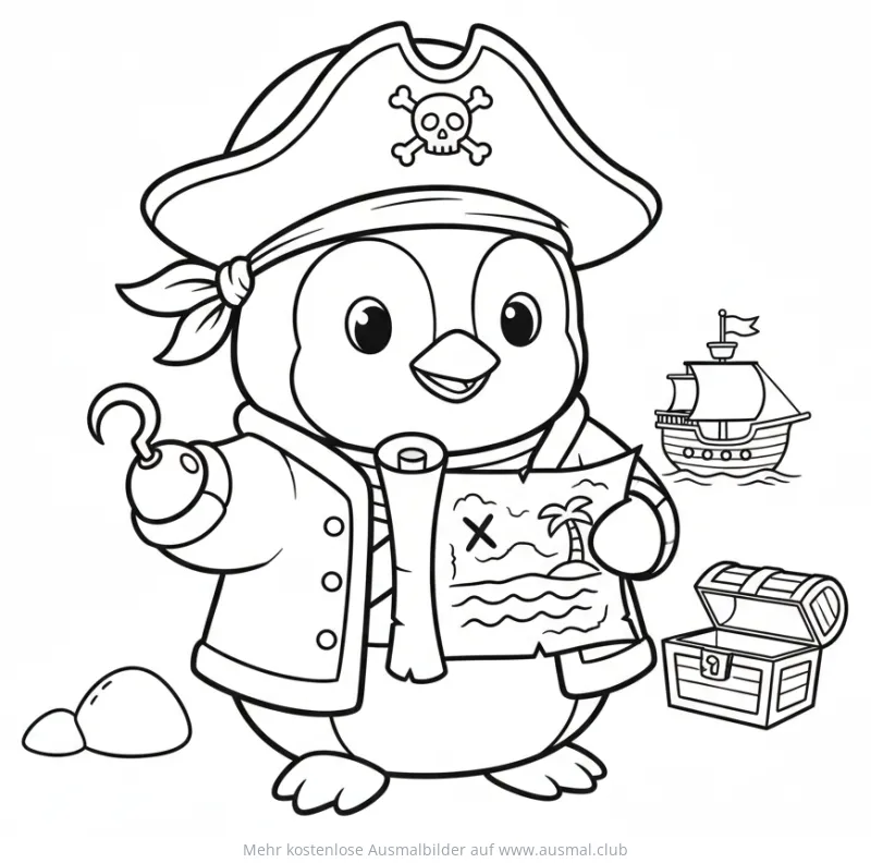 Pinguin als Pirat mit Schatzkarte Ausmalbild