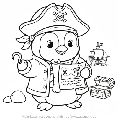 Pinguin als Pirat mit Schatzkarte Ausmalbild