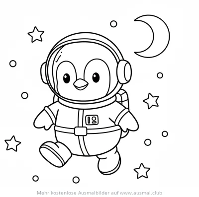 Pinguin als Astronaut im Weltraum Ausmalbild
