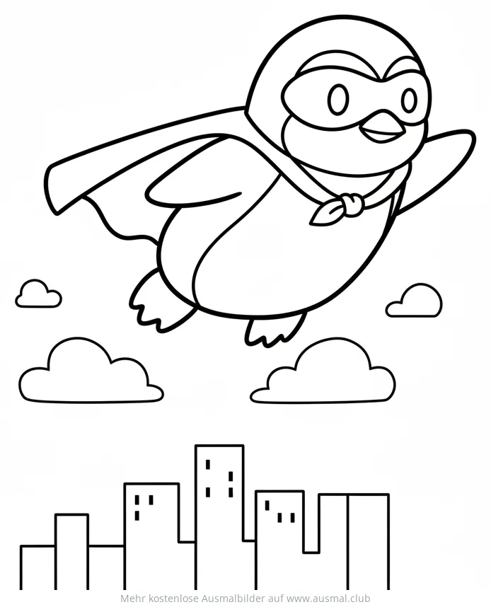 Pinguin Superheld fliegt über Stadt Ausmalbild