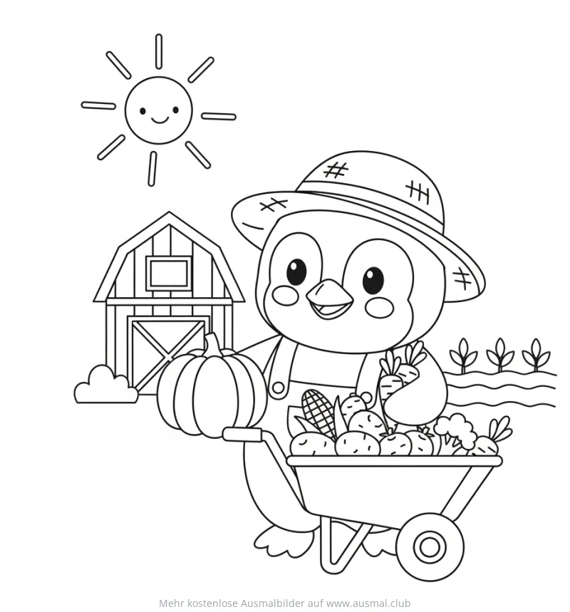 Pinguin als Bauer mit Kürbis und Schubkarre Ausmalbild