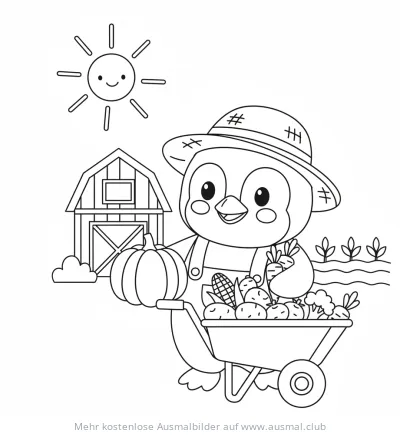 Pinguin als Bauer mit Kürbis und Schubkarre Ausmalbild