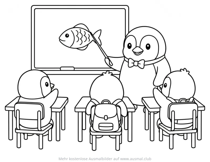 Pinguin Lehrer mit Schülern Ausmalbild