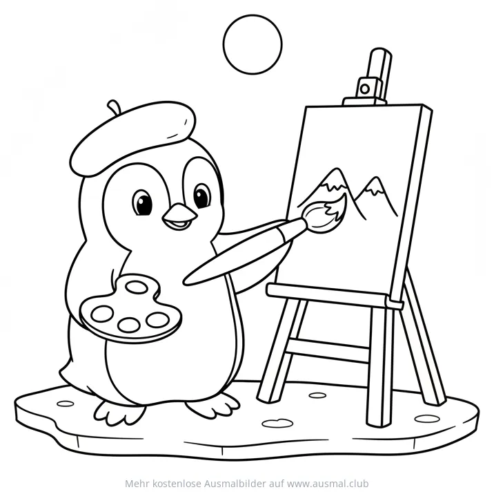 Pinguin mit Baskenmütze malt Berge auf Leinwand Ausmalbild
