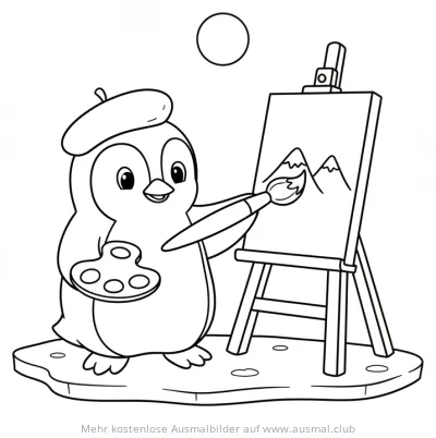 Pinguin mit Baskenmütze malt Berge auf Leinwand Ausmalbild