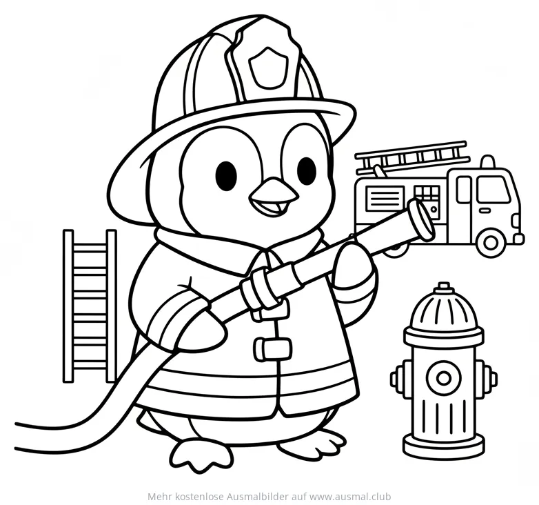 Pinguin als Feuerwehrmann mit Schlauch, Hydrant und Feuerwehrauto Ausmalbild