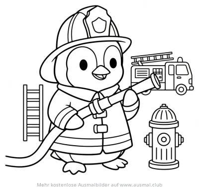 Pinguin als Feuerwehrmann mit Schlauch, Hydrant und Feuerwehrauto Ausmalbild