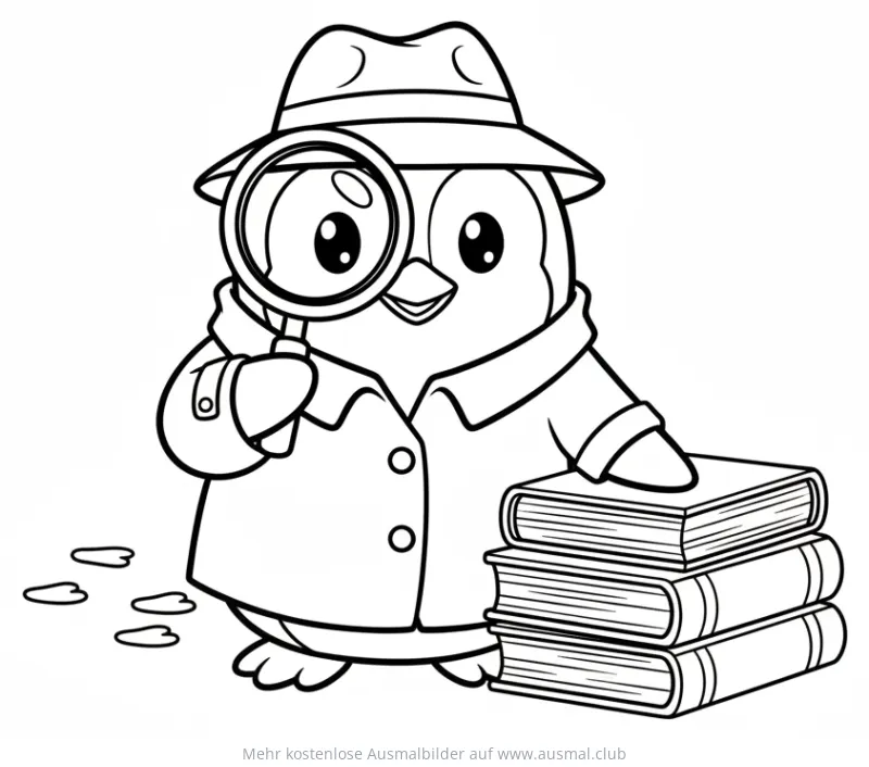 Pinguin als Detektiv mit Lupe und Bücherstapel Ausmalbild
