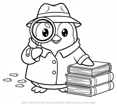 Pinguin als Detektiv mit Lupe und Bücherstapel Ausmalbild