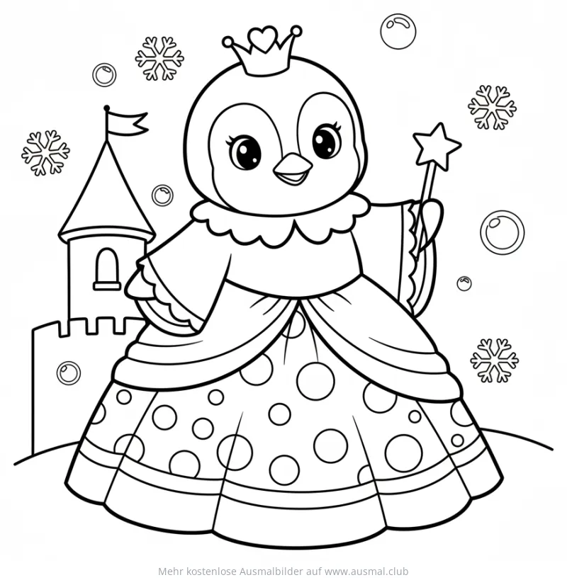 Pinguin als Prinzessin mit Zauberstab vor Schloss Ausmalbild