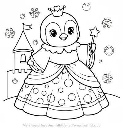Pinguin als Prinzessin mit Zauberstab vor Schloss Ausmalbild