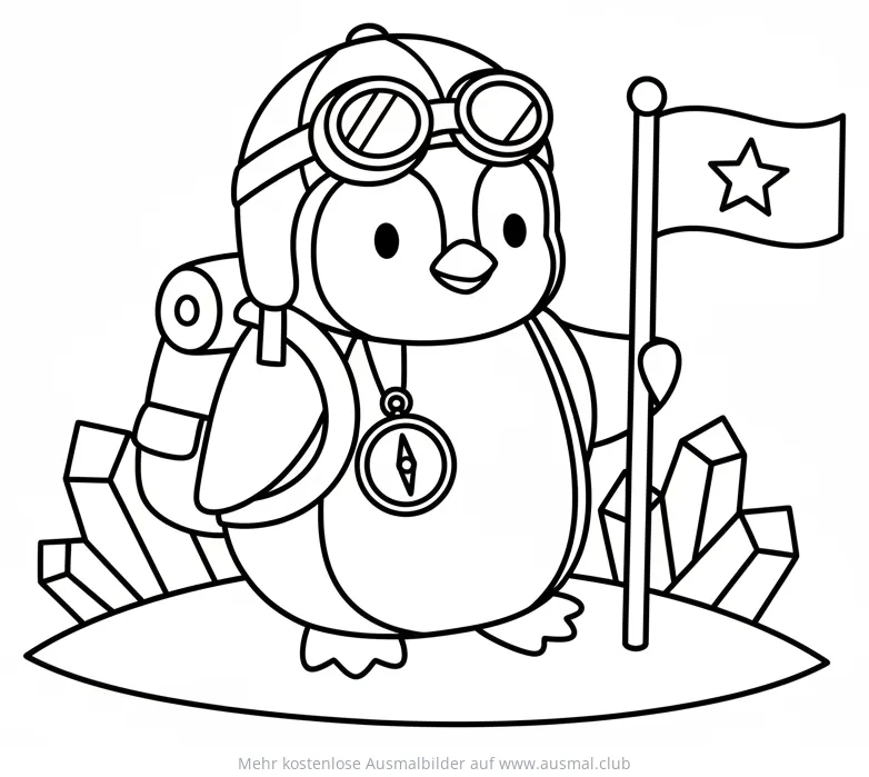 Pinguin als Entdecker mit Rucksack und Fahne Ausmalbild