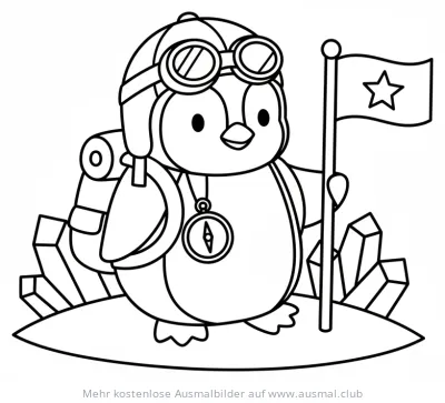 Pinguin als Entdecker mit Rucksack und Fahne Ausmalbild