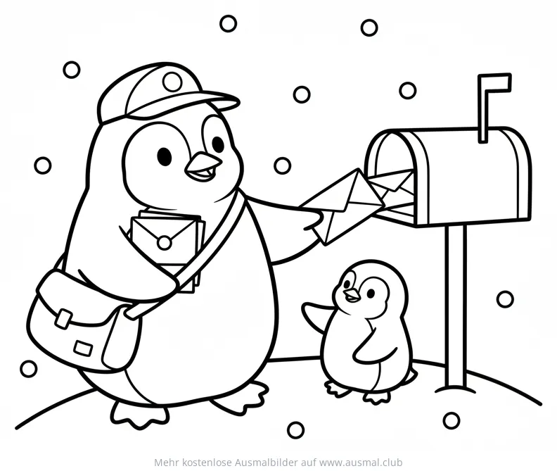 Pinguin als Postbote wirft Brief in Briefkasten, daneben ein kleiner Pinguin Ausmalbild
