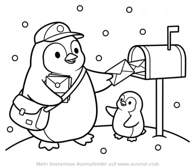 Pinguin als Postbote wirft Brief in Briefkasten, daneben ein kleiner Pinguin Ausmalbild