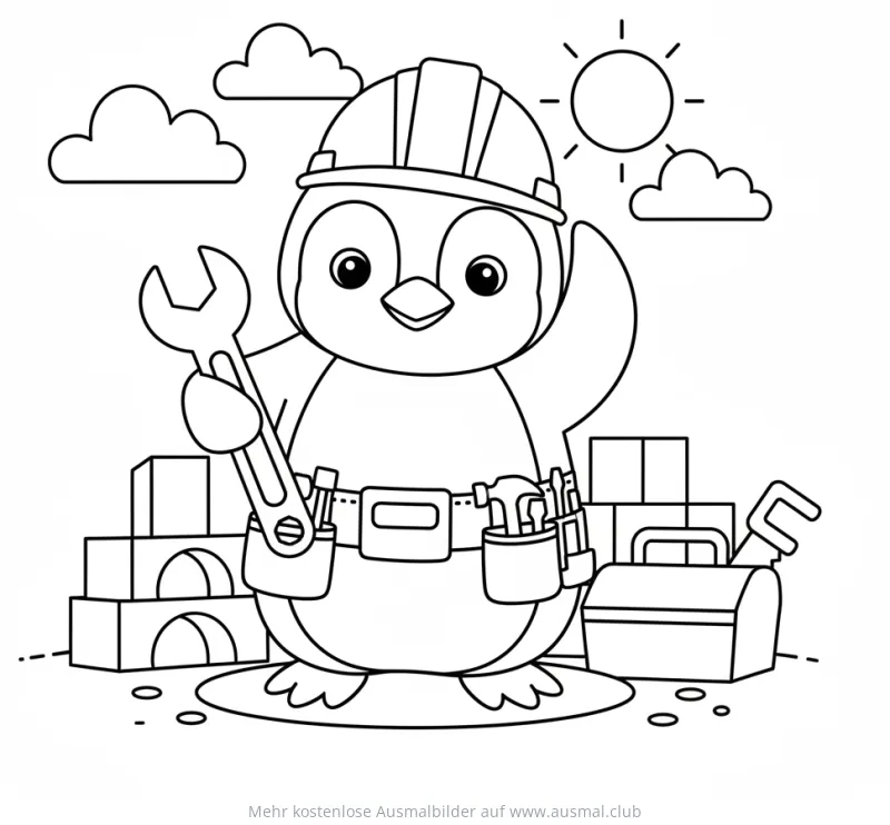 Pinguin mit Bauhelm und Werkzeuggürtel als Baumeister Ausmalbild