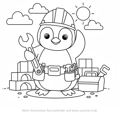Pinguin mit Bauhelm und Werkzeuggürtel als Baumeister Ausmalbild