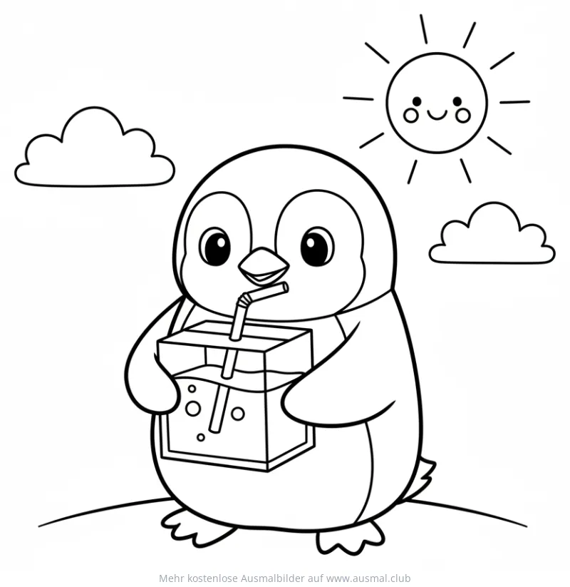Pinguin trinkt Saft aus Tetrapack Ausmalbild