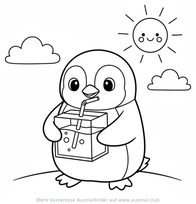 Pinguin trinkt Saft aus Tetrapack Ausmalbild