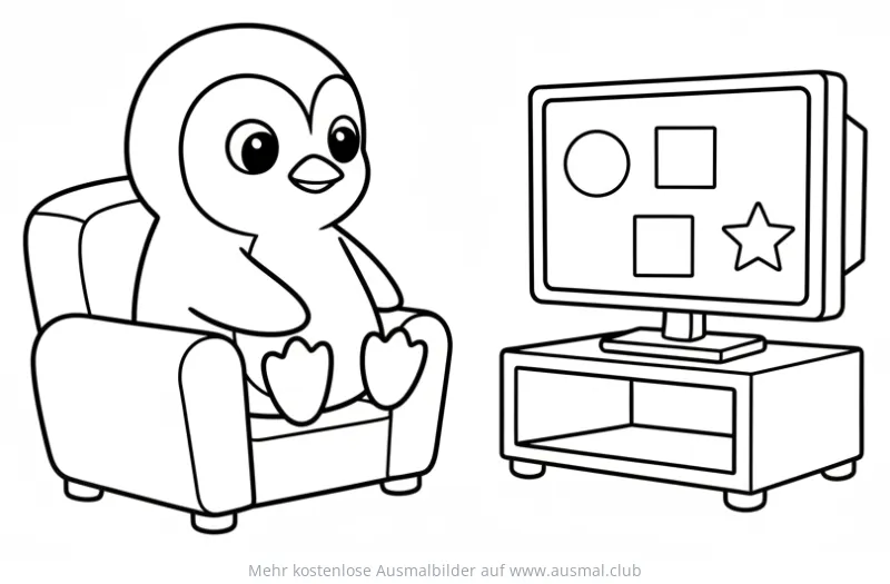 Pinguin sitzt im Sessel und schaut Fernsehen Ausmalbild