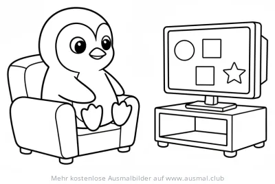 Pinguin sitzt im Sessel und schaut Fernsehen Ausmalbild