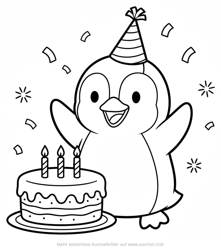 Pinguin mit Geburtstagstorte und Partyhut Ausmalbild