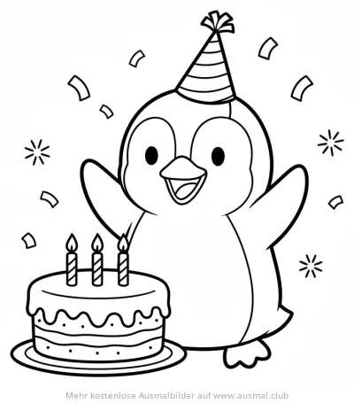 Pinguin mit Geburtstagstorte und Partyhut Ausmalbild
