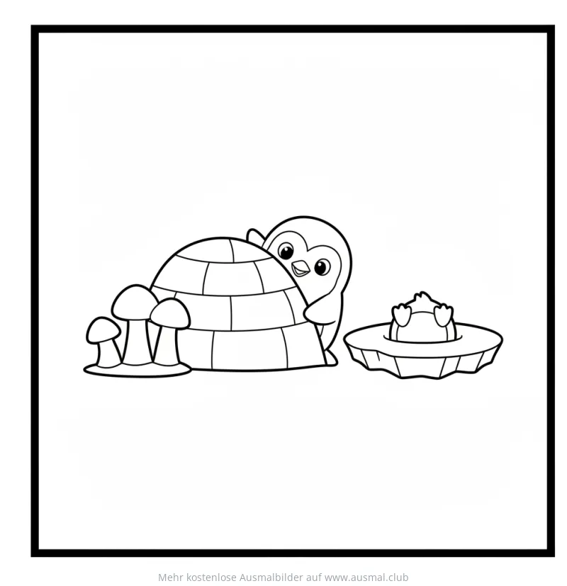 Pinguin versteckt sich hinter Iglu und Eisloch Ausmalbild