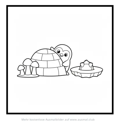 Pinguin versteckt sich hinter Iglu und Eisloch Ausmalbild