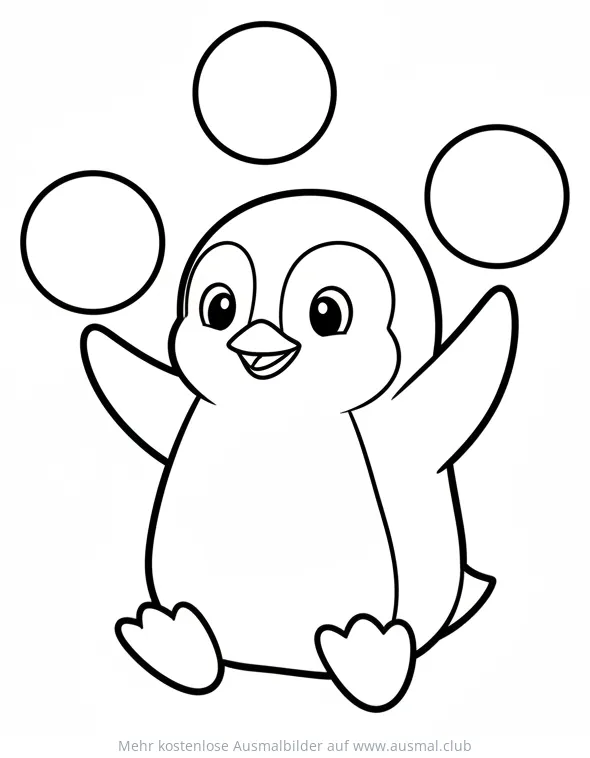 Jonglierender Pinguin mit drei Bällen Ausmalbild