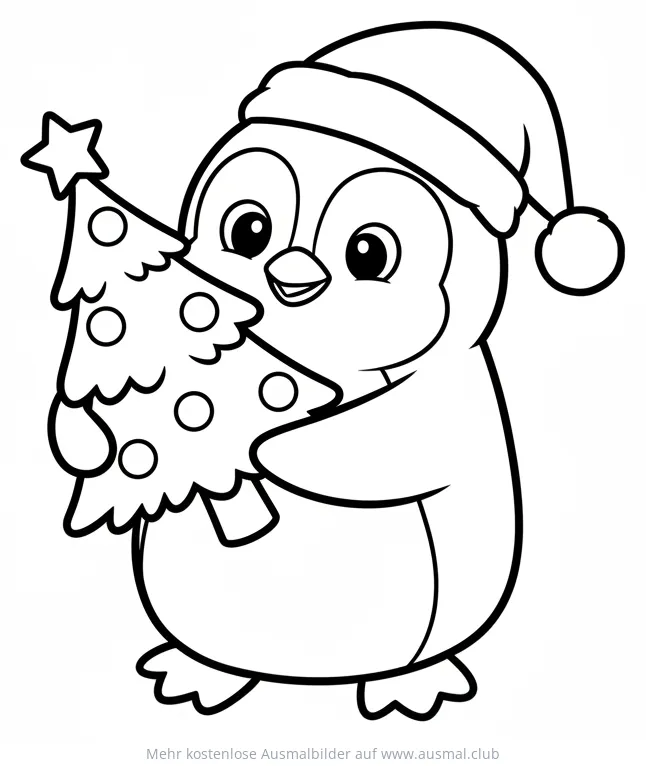 Pinguin mit Weihnachtsmütze hält Weihnachtsbaum Ausmalbild