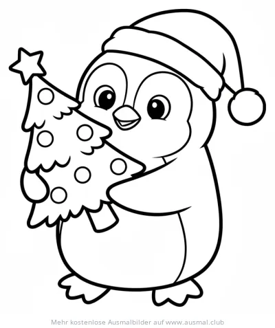Pinguin mit Weihnachtsmütze hält Weihnachtsbaum Ausmalbild