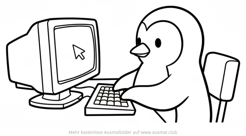 Pinguin sitzt am Computer Ausmalbild