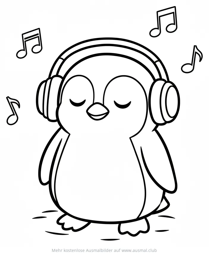 Pinguin mit Kopfhörer Ausmalbild, umgeben von Noten