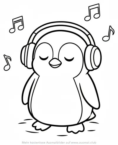 Pinguin mit Kopfhörer Ausmalbild, umgeben von Noten