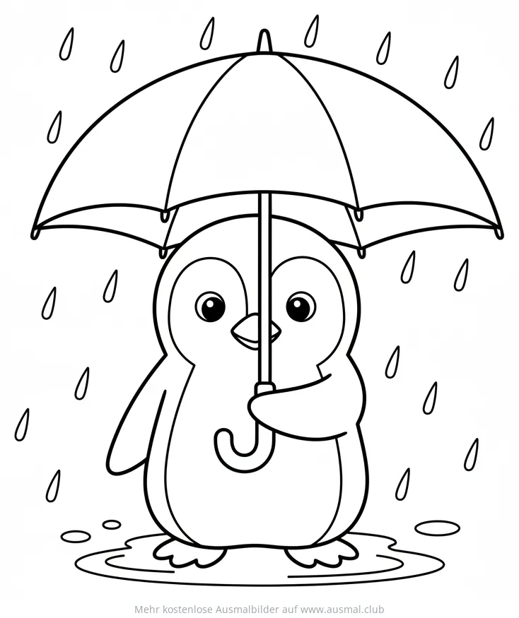 Pinguin mit Regenschirm Ausmalbild im Regen