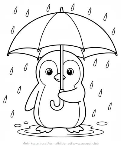 Pinguin mit Regenschirm Ausmalbild im Regen